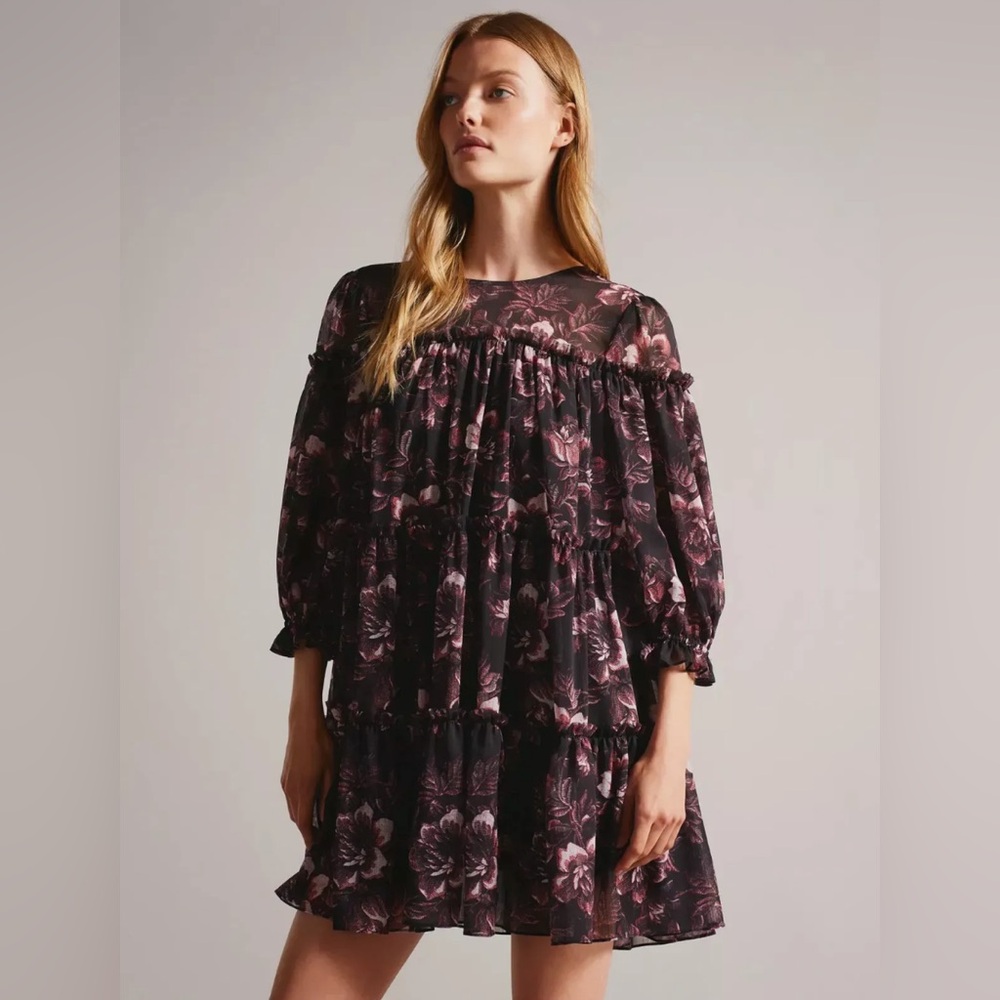 Ted Baker London Black and Pink Floral Dress with Back Tie
